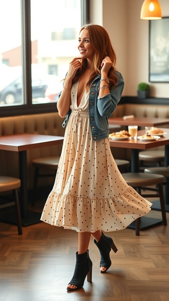 Brunch Date Outfit Ideas A fashionable brunch date outfit with a midi dress, ankle boots, and denim jacket in a café setting.